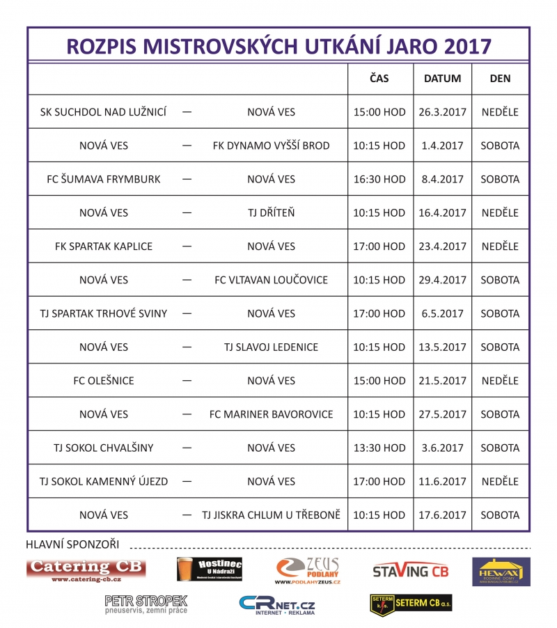 Plán utkání jarní části sezóny 2016/2017