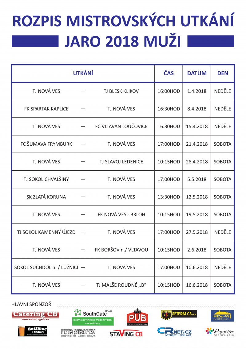 ROZPIS UTKÁNÍ JARO 2018 MUŽI